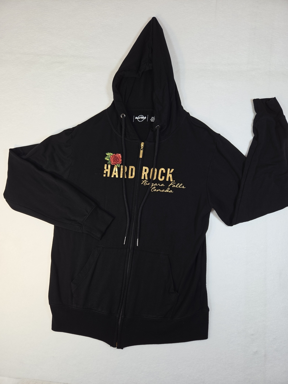 Hard Rock Cafe Niagara Falls Canada Full Zip Hoodie Black Gold Foil Rose Size L